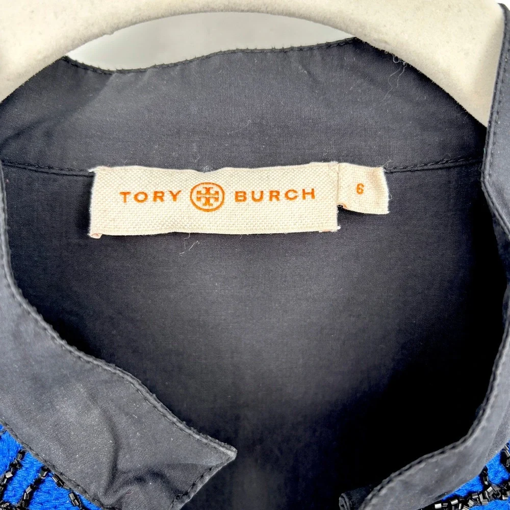 Tory Burch Cotton Tunic‎ Blue Black Embroidered Beaded Boho Top Size 6